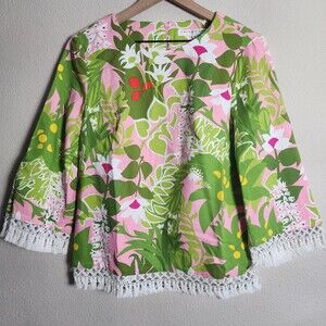 Trina Turk Blouse Womens 4 Multicolor Floral 3/4 Sleeve Crochet Fringe Tropical